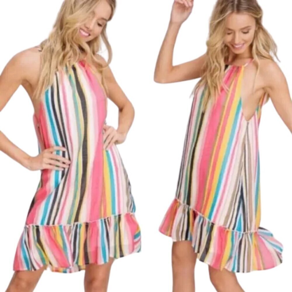 Listicle MULTI COLOR STRIPED HALTER NECK RUFFLE SHORT SHIFT DRESS -TIE BACK